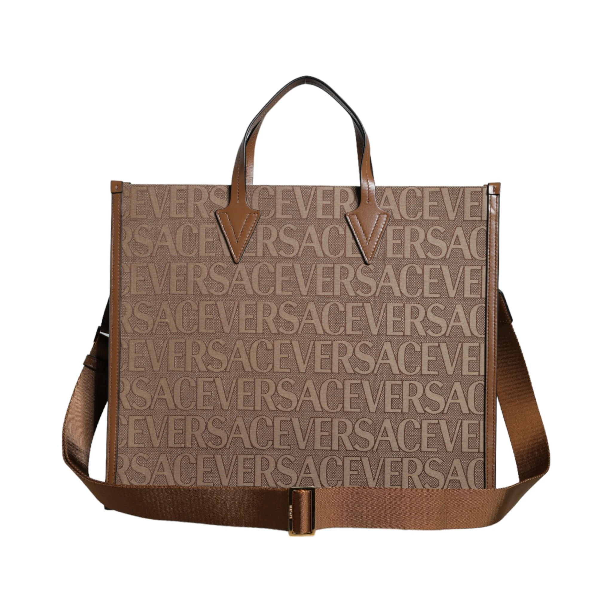 Brown Top Handle Jacquard Leather Logo Crossbody Tote Bag