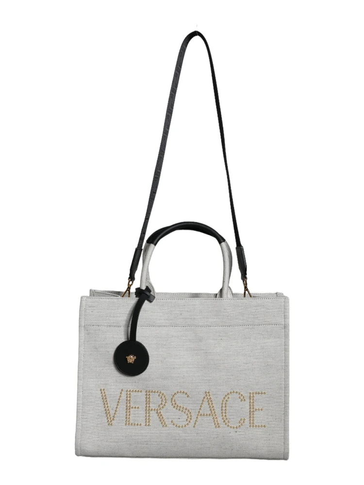 White Top Handle Canvas Leather Logo Crossbody Tote Bag