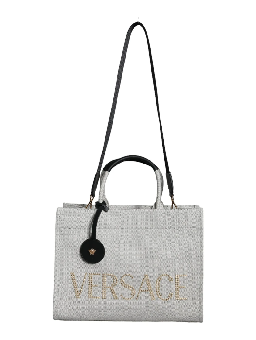 White Top Handle Canvas Leather Logo Crossbody Tote Bag