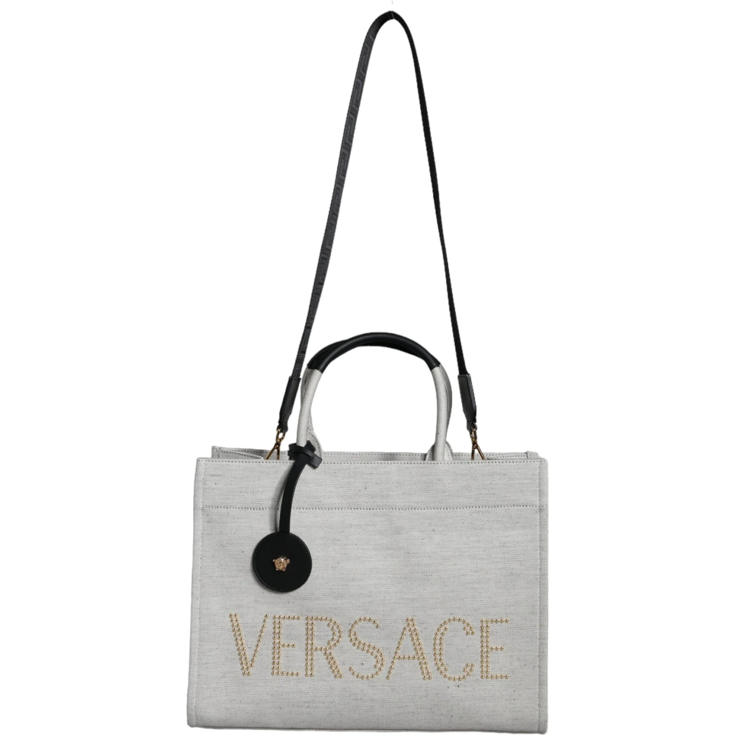 White Top Handle Canvas Leather Logo Crossbody Tote Bag