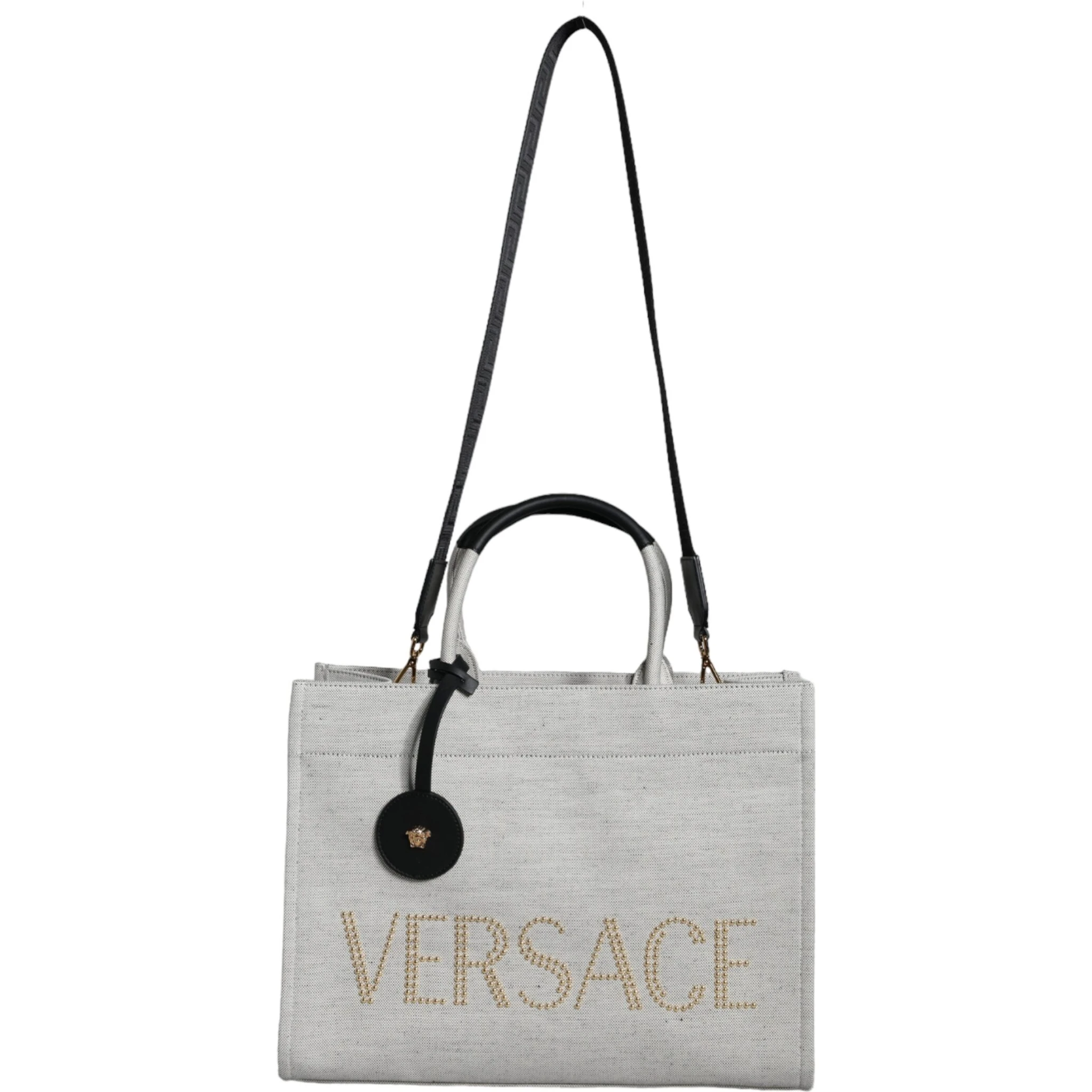 White Top Handle Canvas Leather Logo Crossbody Tote Bag
