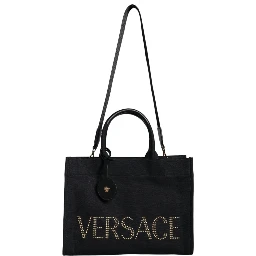 Black Top Handle Canvas Leather Logo Crossbody Tote Bag