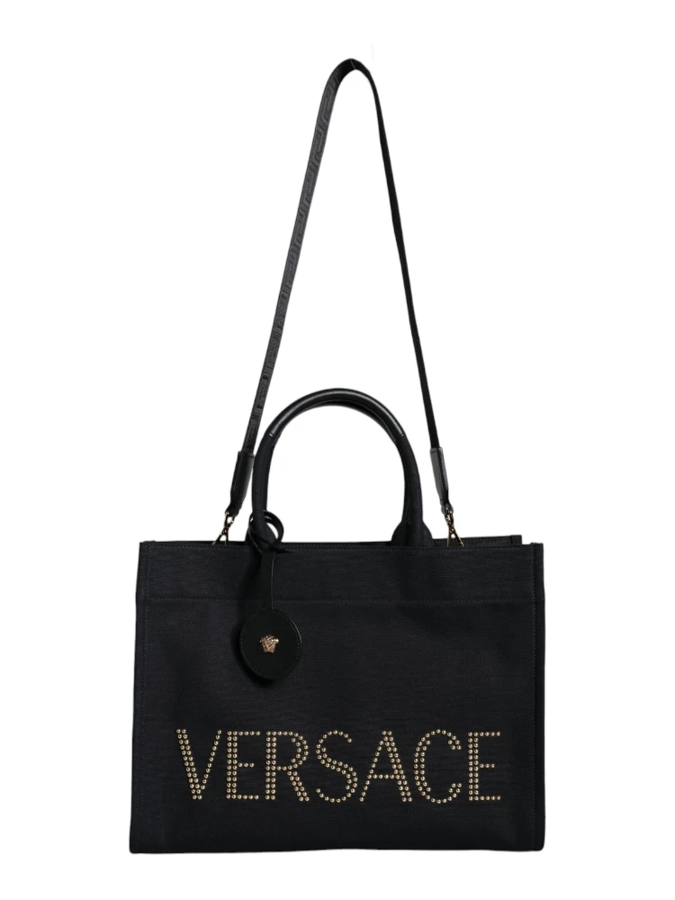 Black Top Handle Canvas Leather Logo Crossbody Tote Bag
