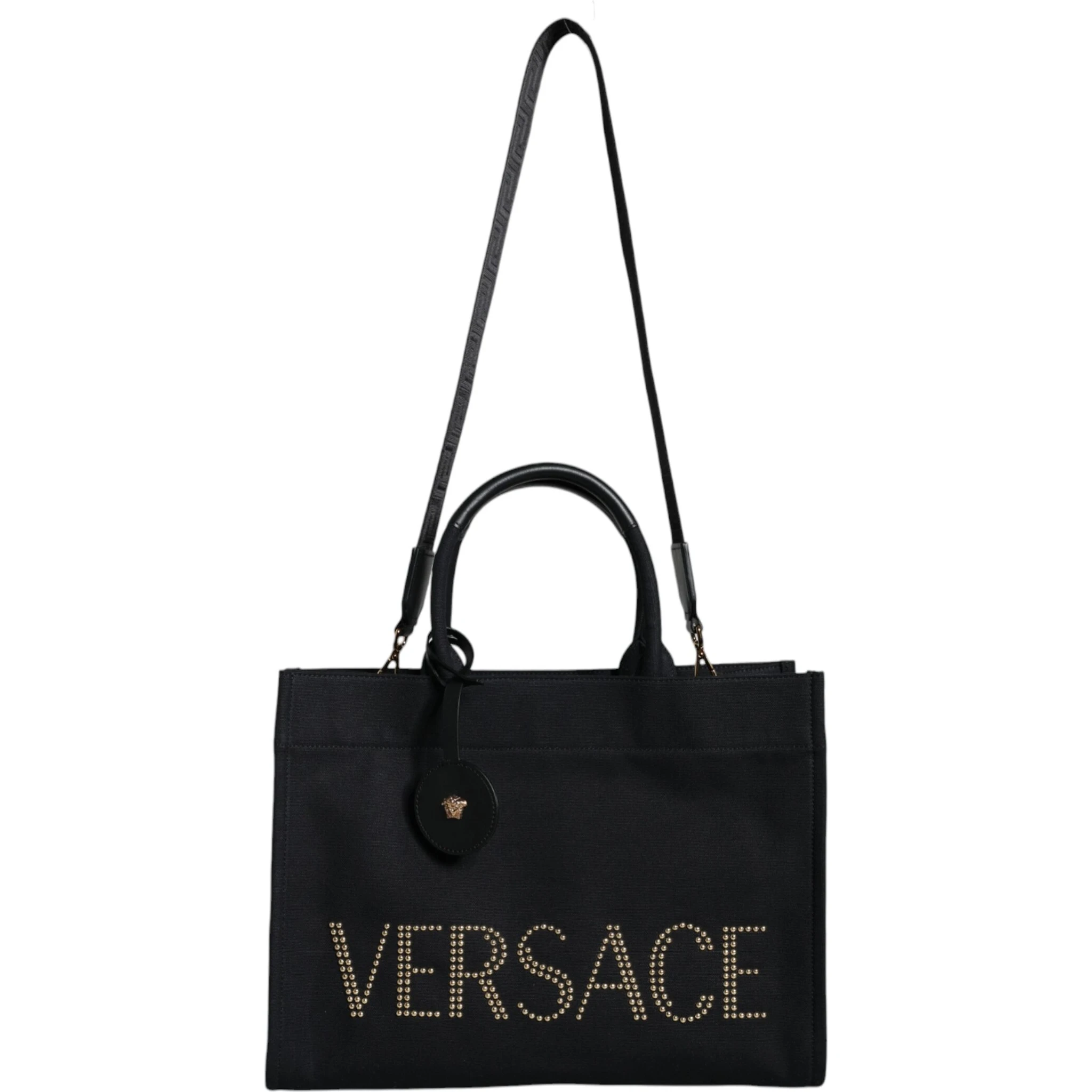 Black Top Handle Canvas Leather Logo Crossbody Tote Bag