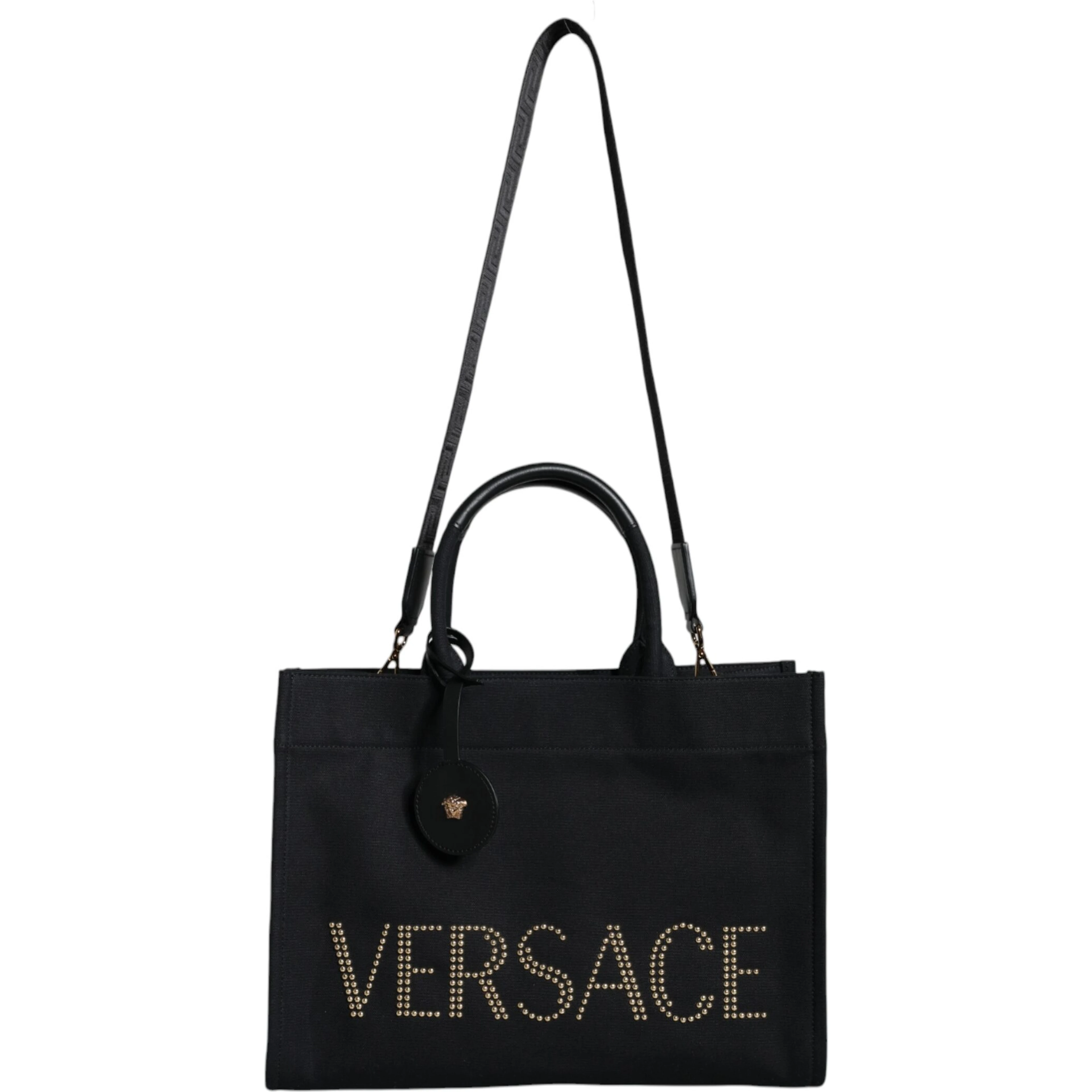 Black Top Handle Canvas Leather Logo Crossbody Tote Bag