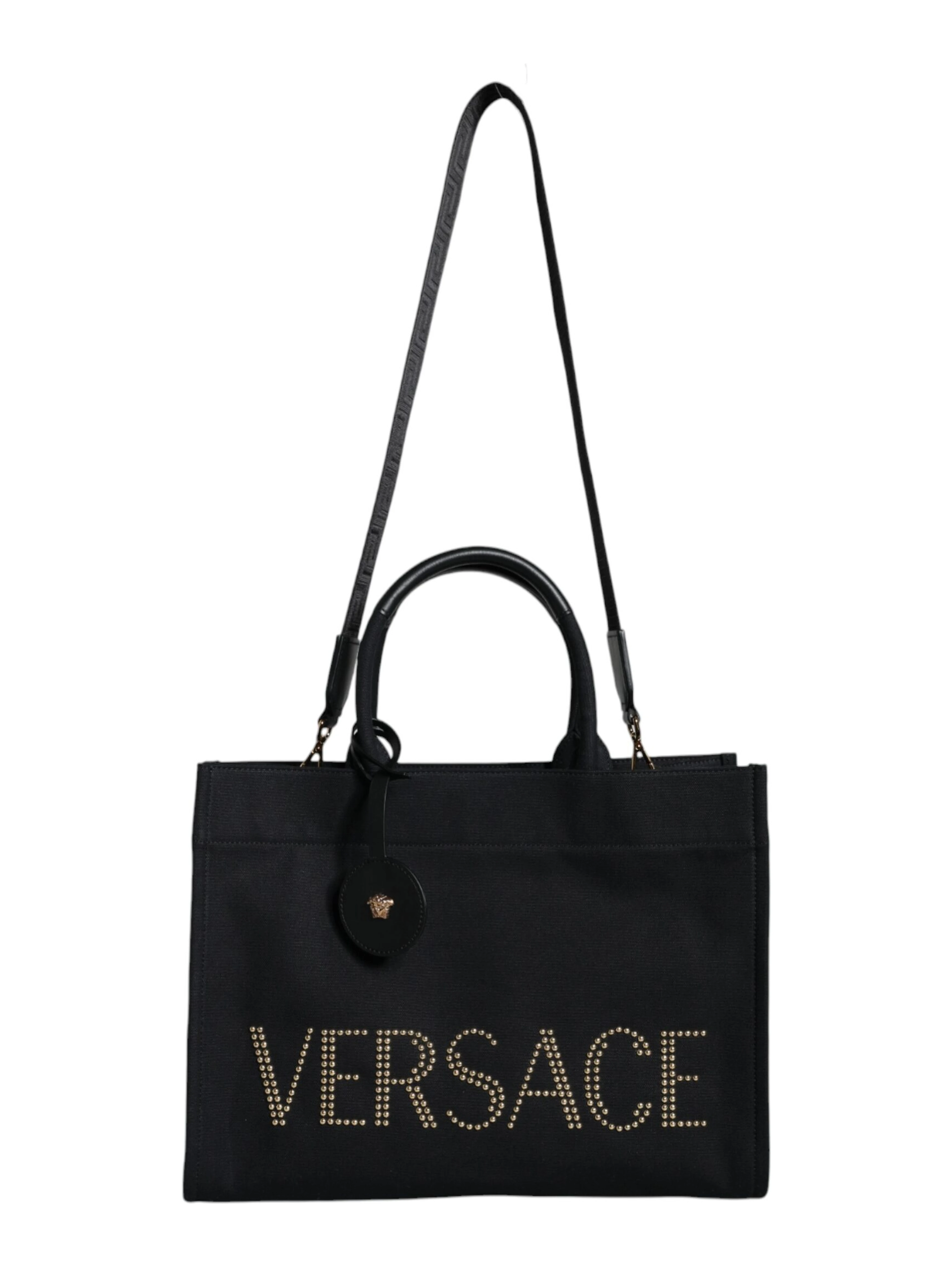 Black Top Handle Canvas Leather Logo Crossbody Tote Bag