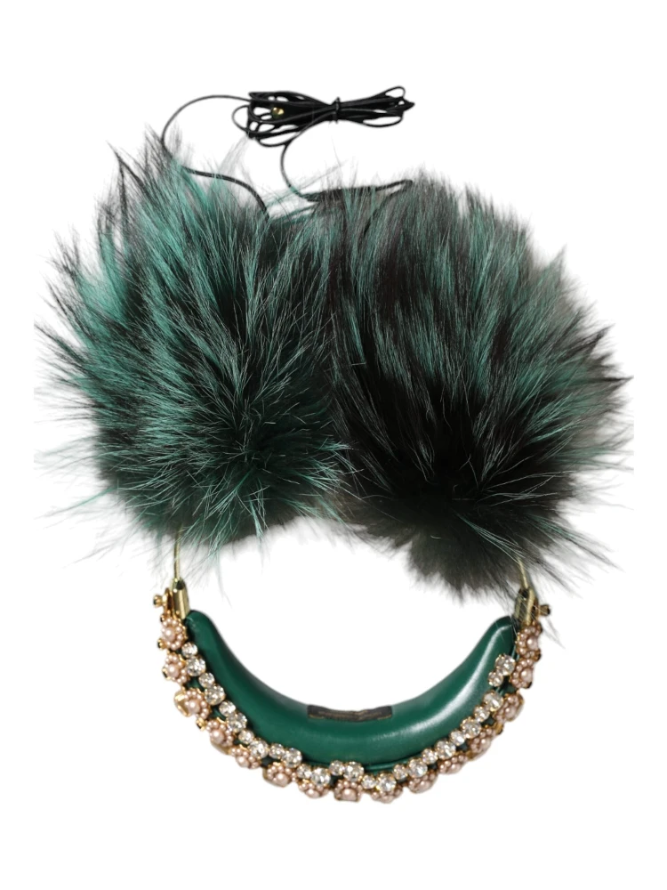 Green Gold Crystal Fur Headset Audio AUX Headphones