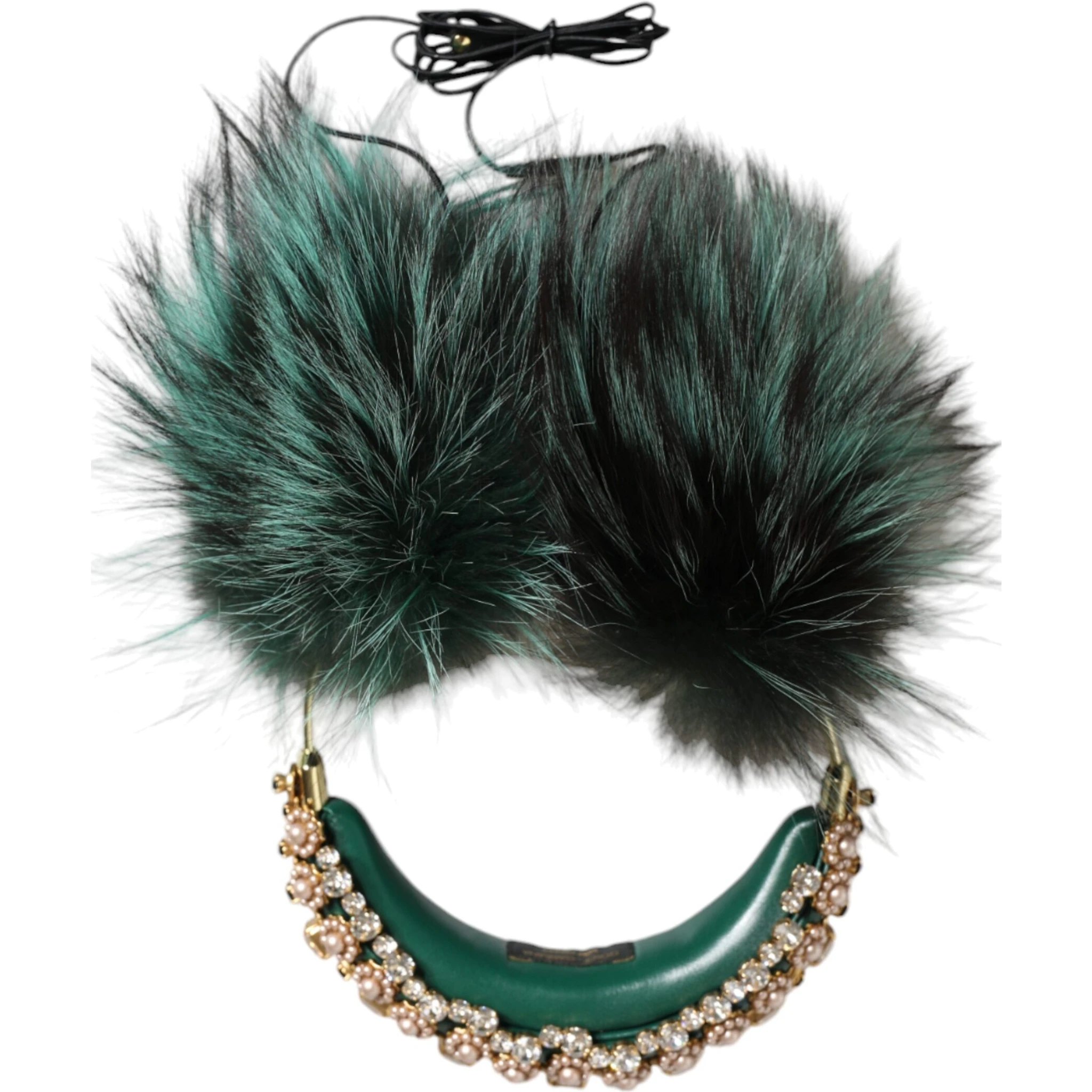 Green Gold Crystal Fur Headset Audio AUX Headphones