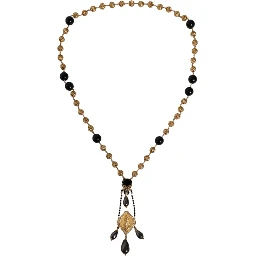 Gold Chain Brass Black Beaded Rosary Style Necklace
