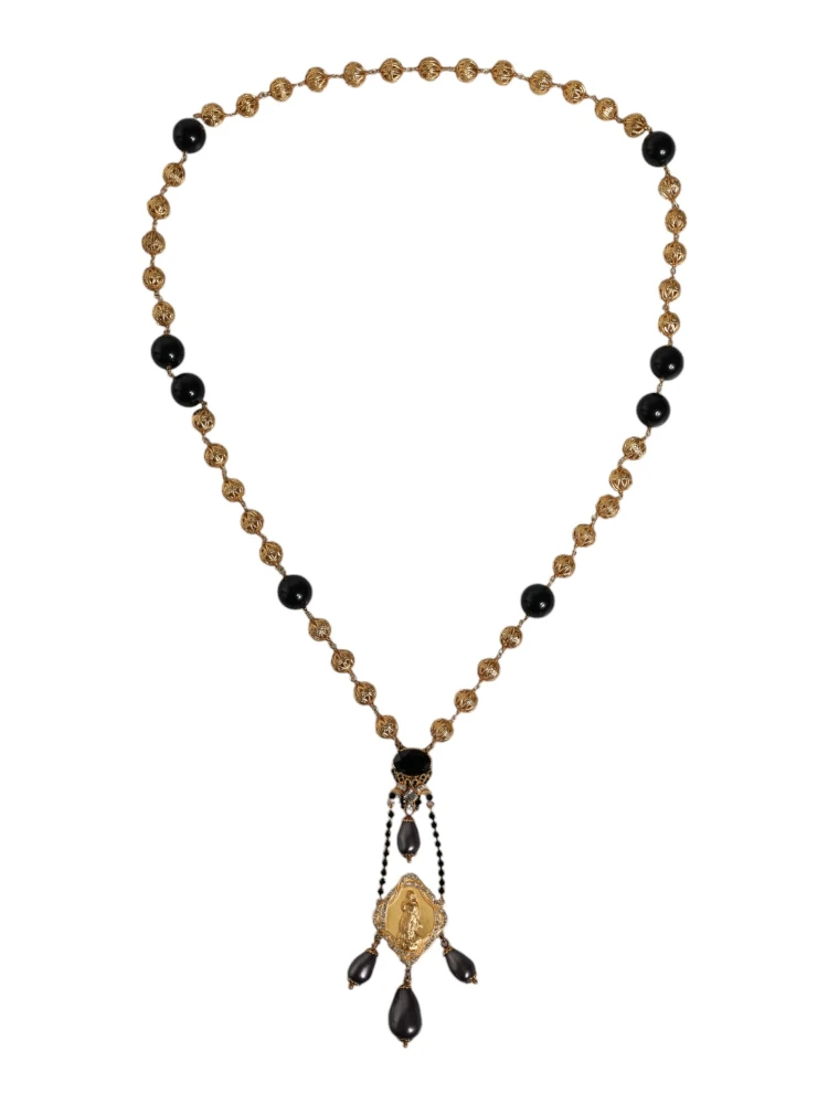 Gold Chain Brass Black Beaded Rosary Style Necklace alternative