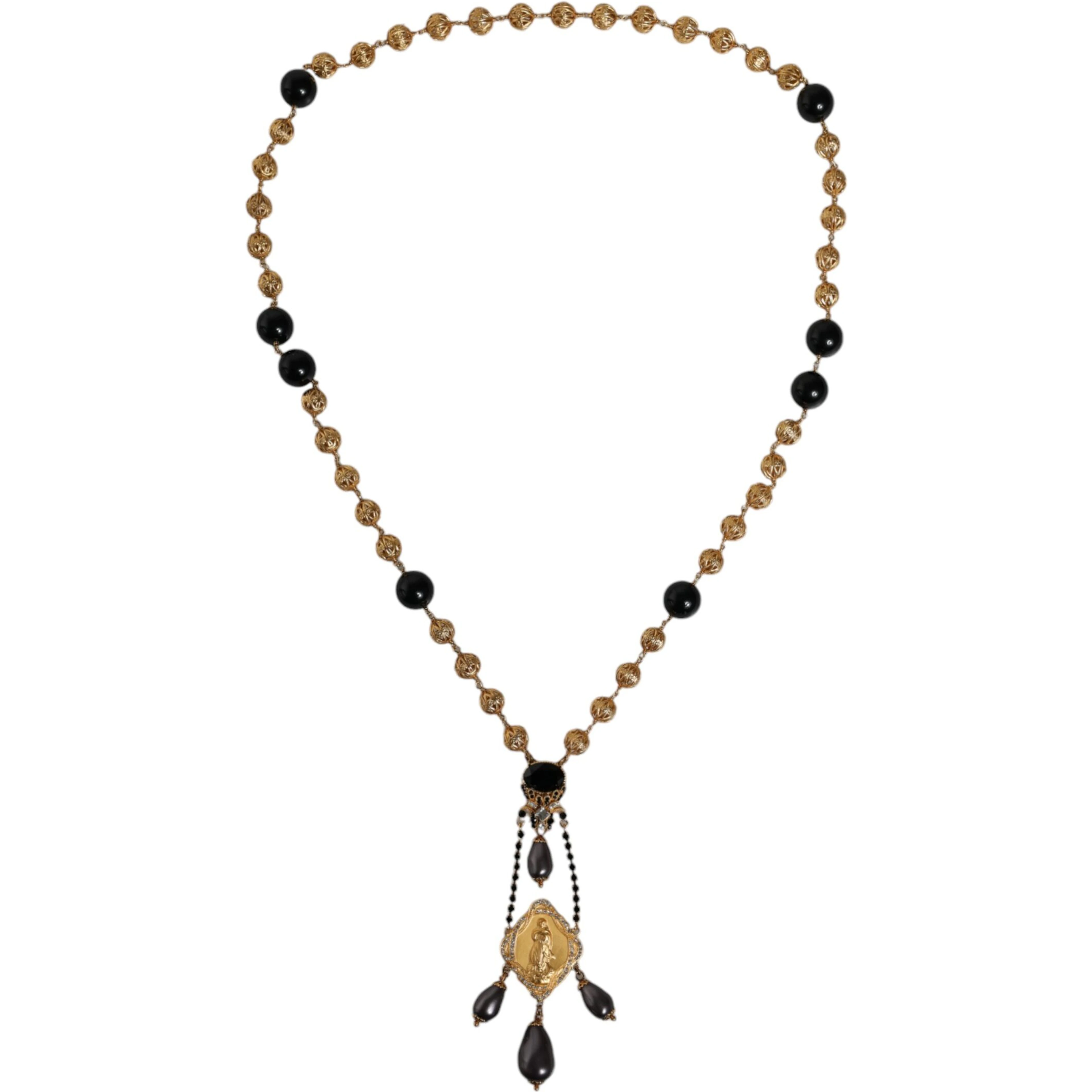 Gold Chain Brass Black Beaded Rosary Style Necklace