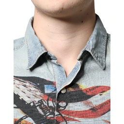 Light Blue Printed Cotton Denim Long Sleeves Shirt