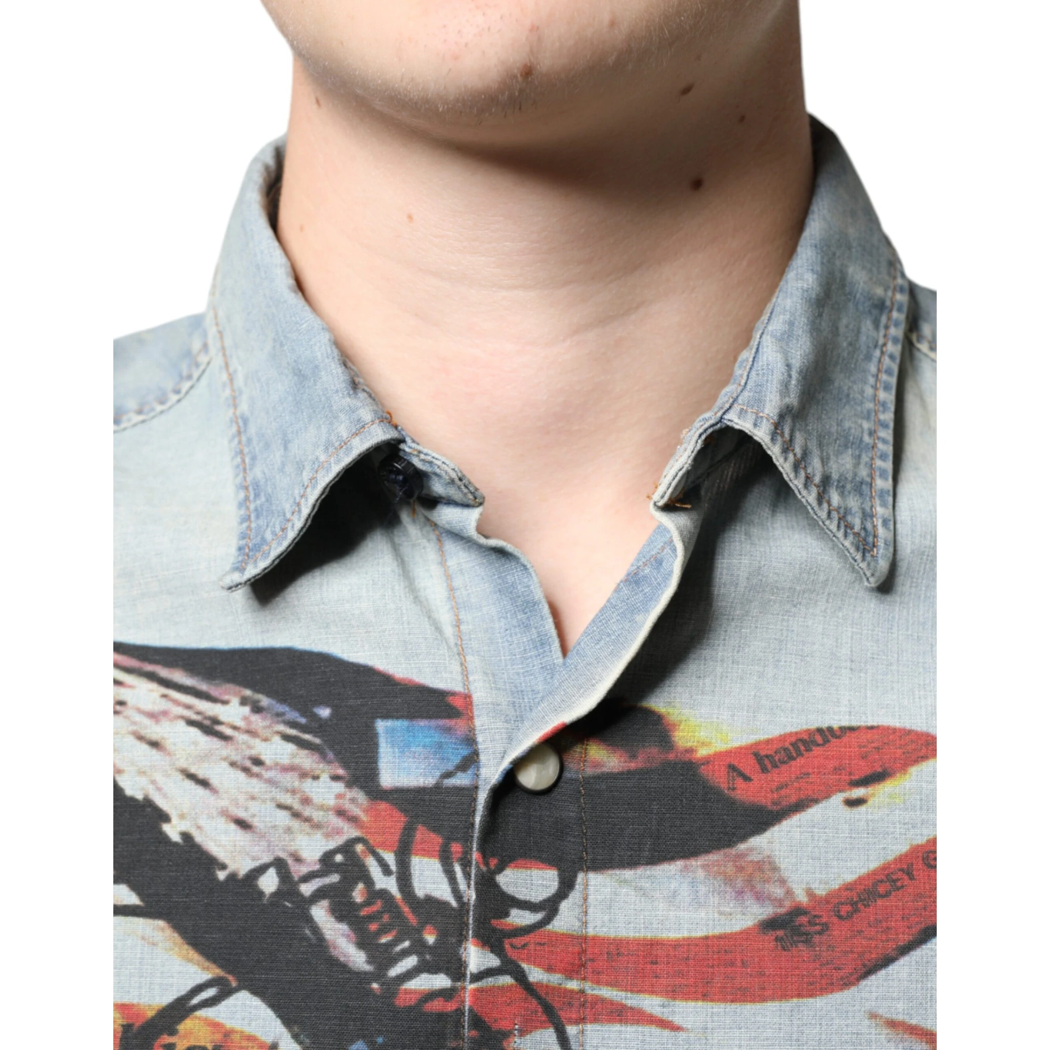 Light Blue Printed Cotton Denim Long Sleeves Shirt