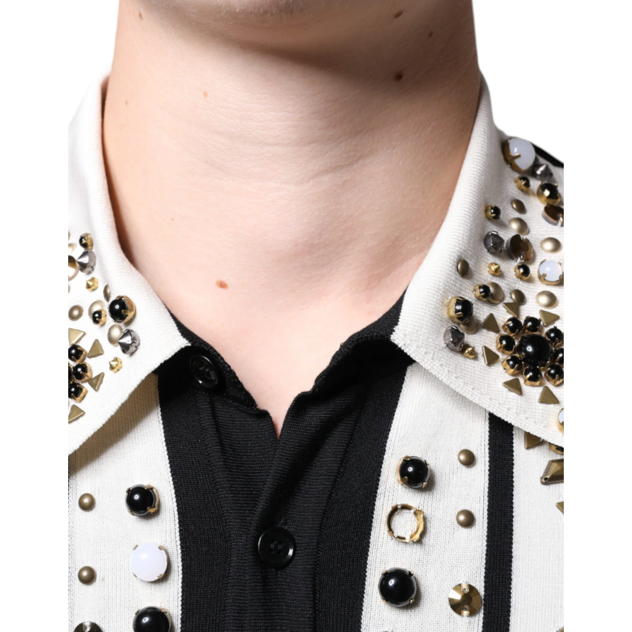 White Black Silk Studded Stone Crystal Shirt