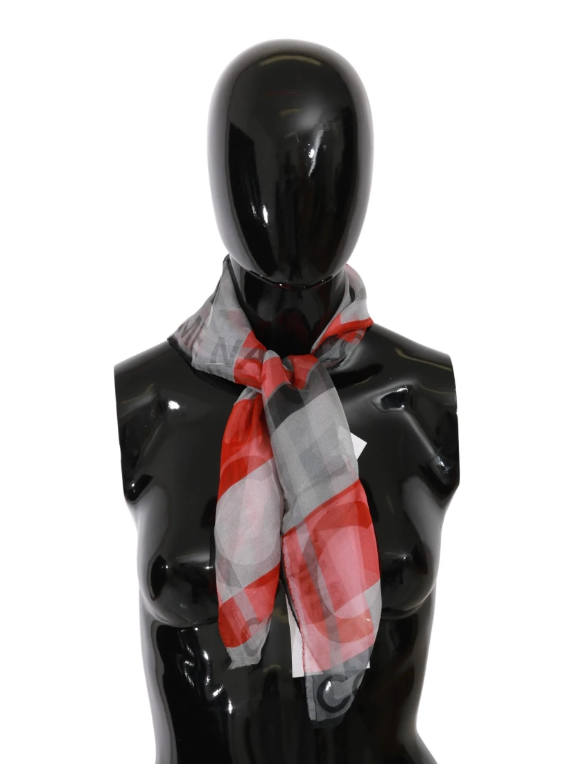 Gray Red 100% Silk Branded Scarf