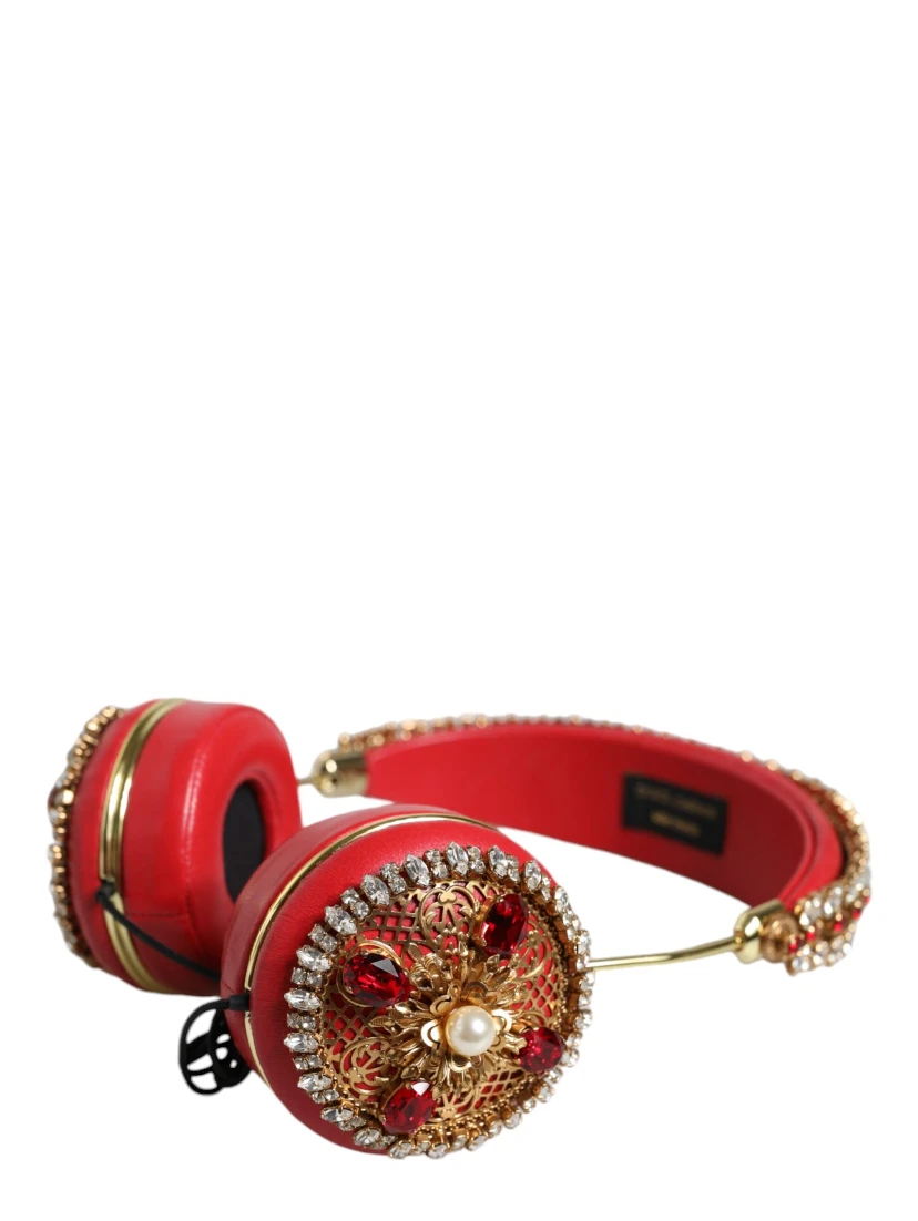 Red Nappa Leather Floral Crystal Headphone