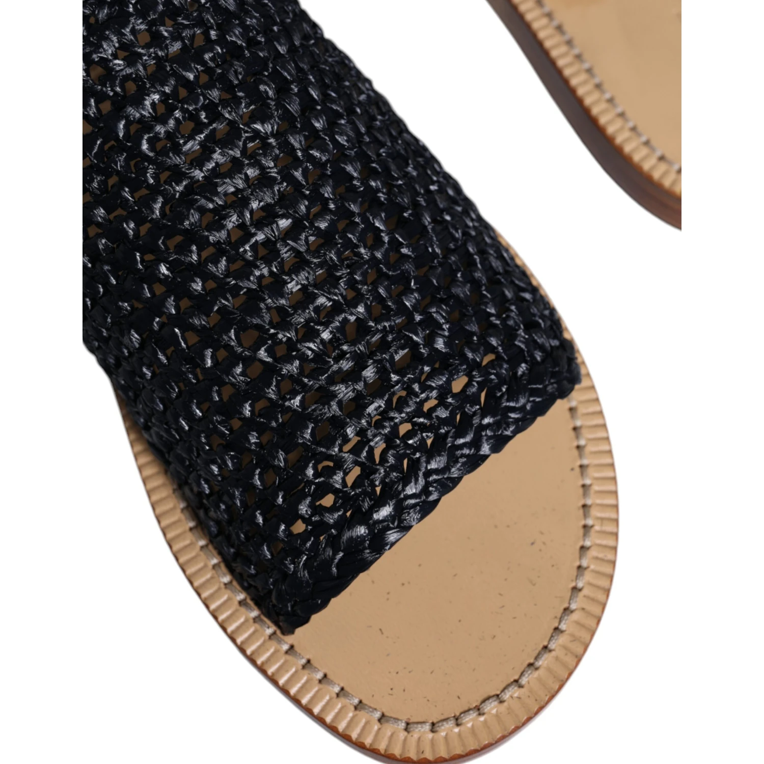 Black Monochrome Braided Raffia Slides Shoes
