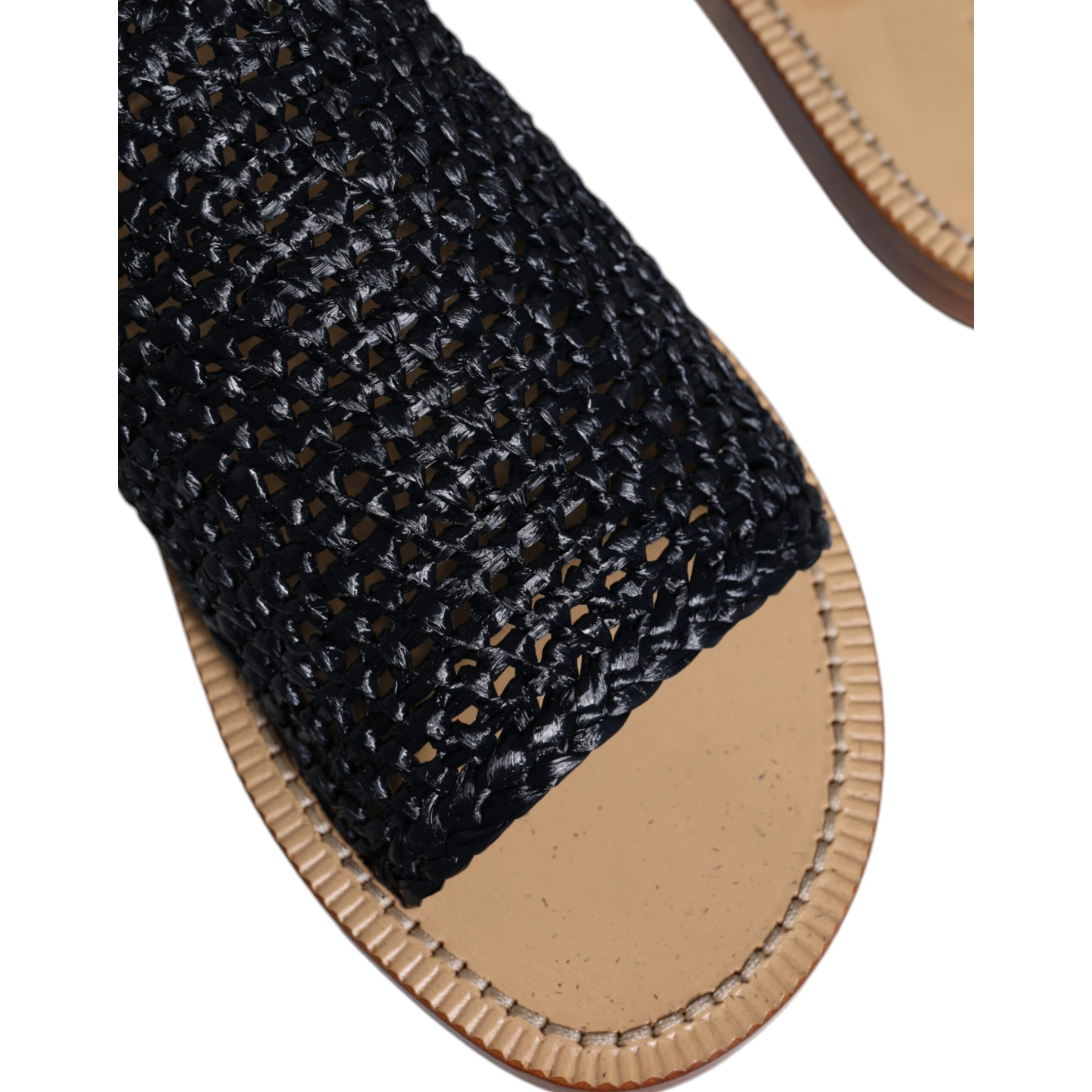 Black Monochrome Braided Raffia Slides Shoes