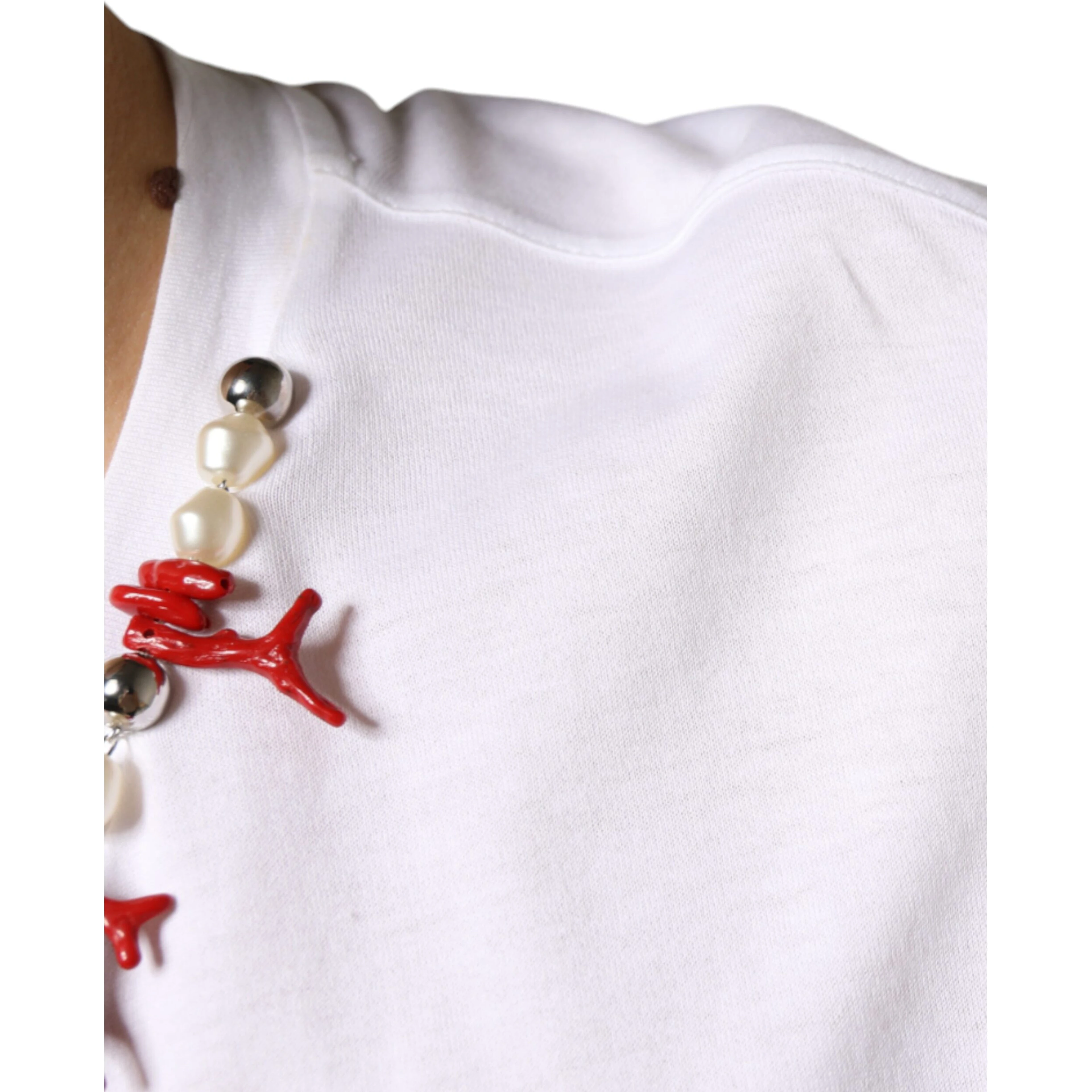 White Cotton Necklace Embellished T-shirt