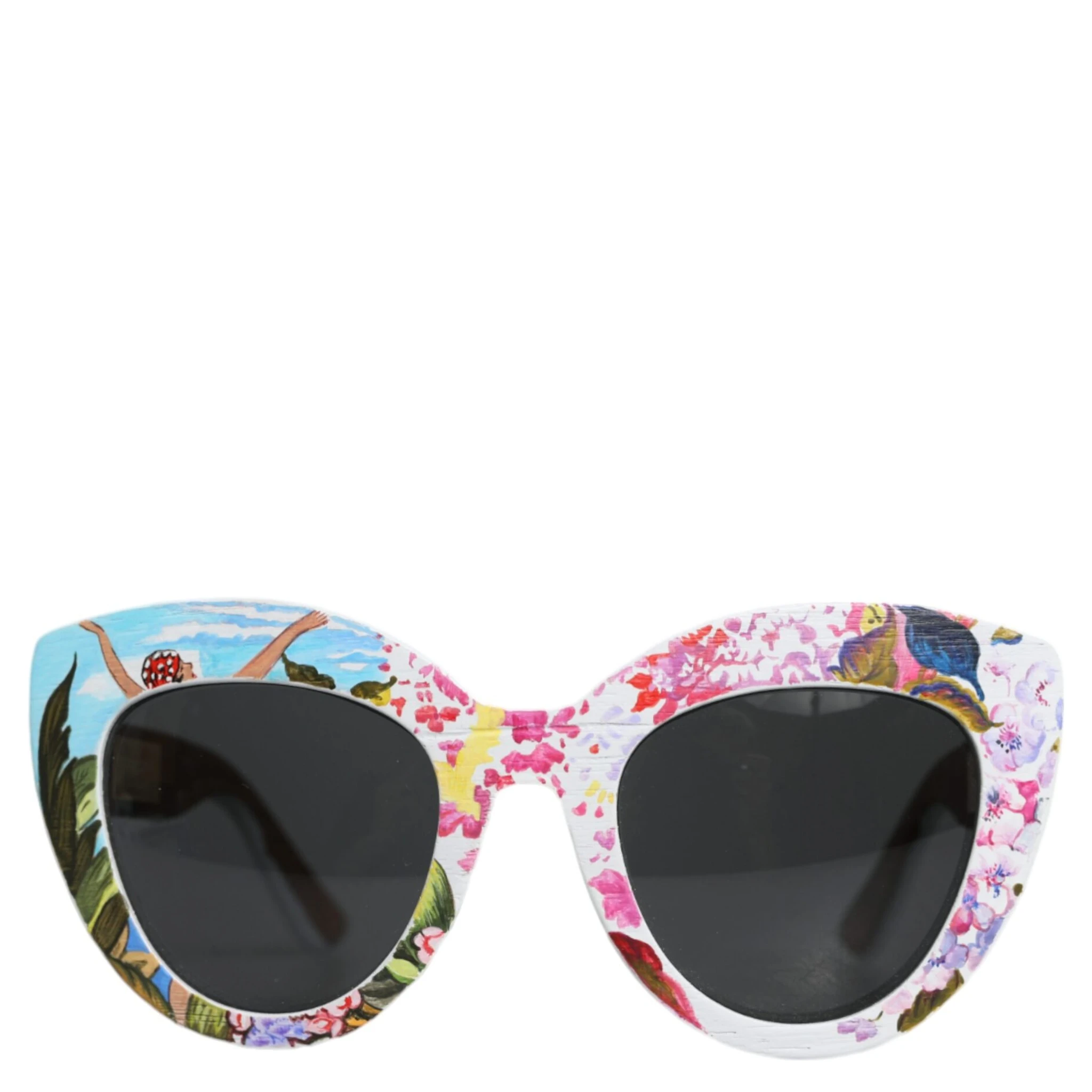Multicolor Wood Crystal Brass Frame Floral Hand Paint Sunglasses