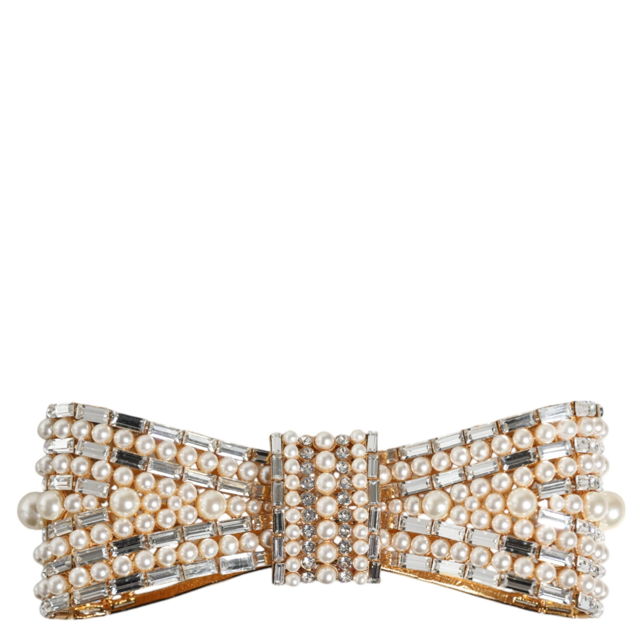 Gold Tone Brass Bow Crystal FauxPearl Embellished Brooch