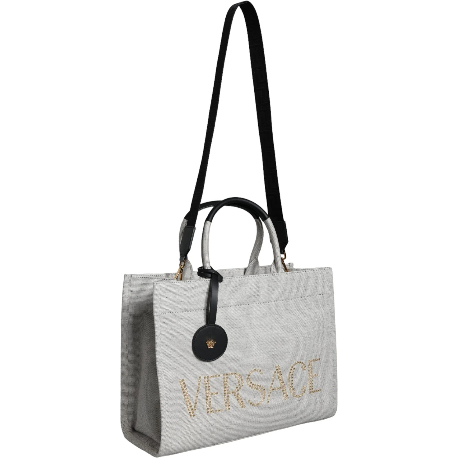 White Top Handle Canvas Leather Logo Crossbody Tote Bag