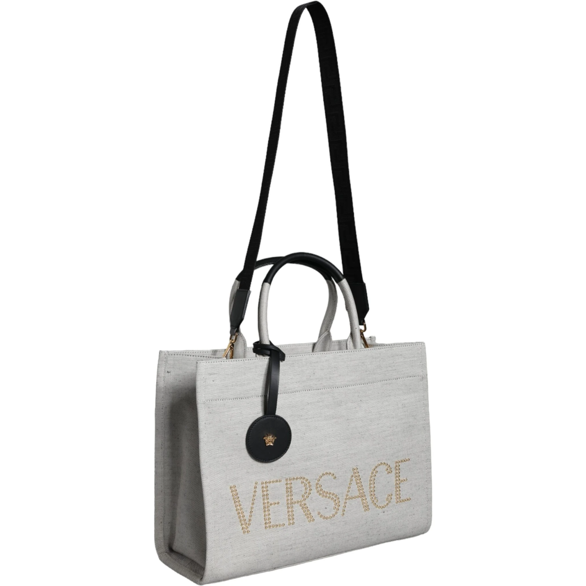 White Top Handle Canvas Leather Logo Crossbody Tote Bag