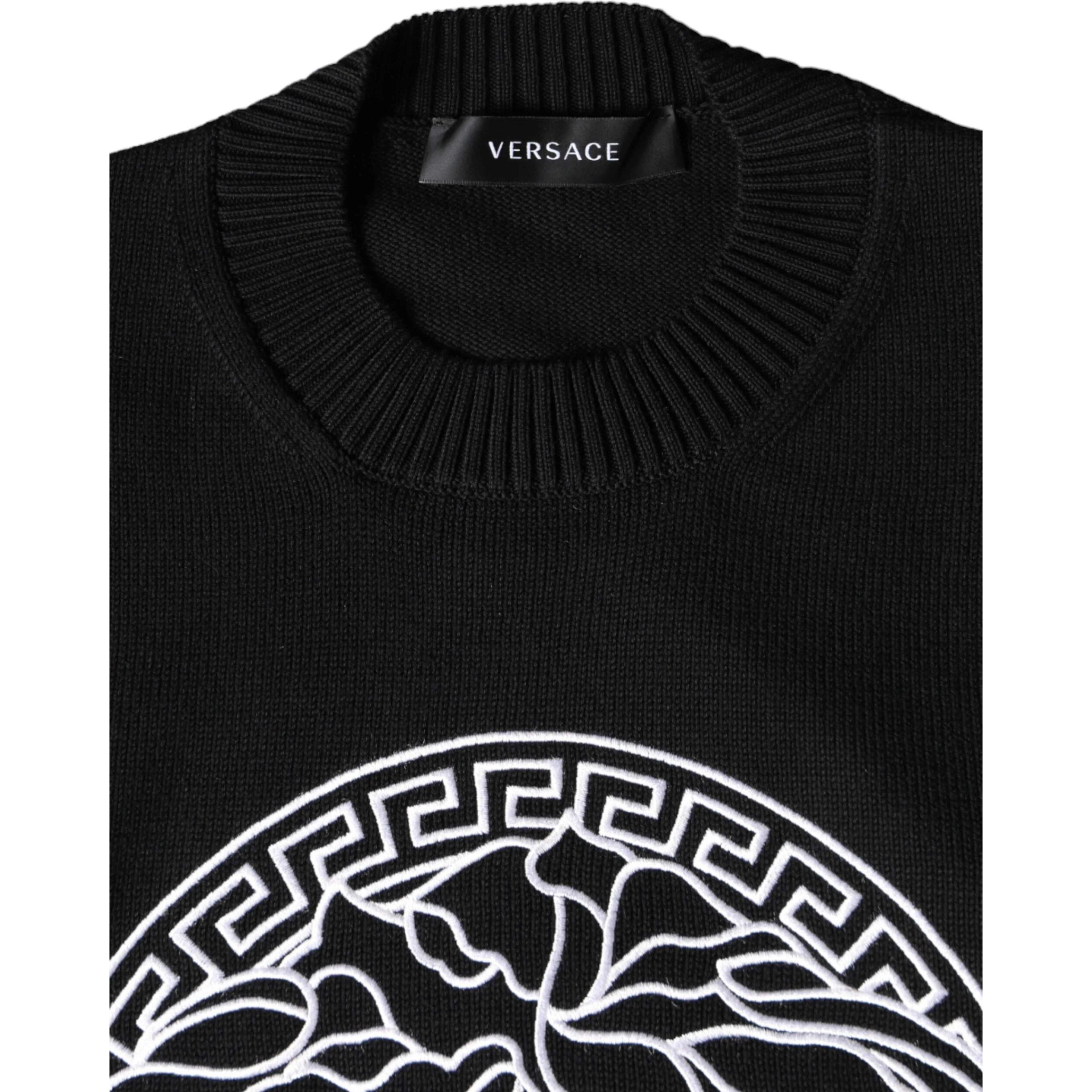 Black Medusa Embroidery Crew Neck Pullover Sweater