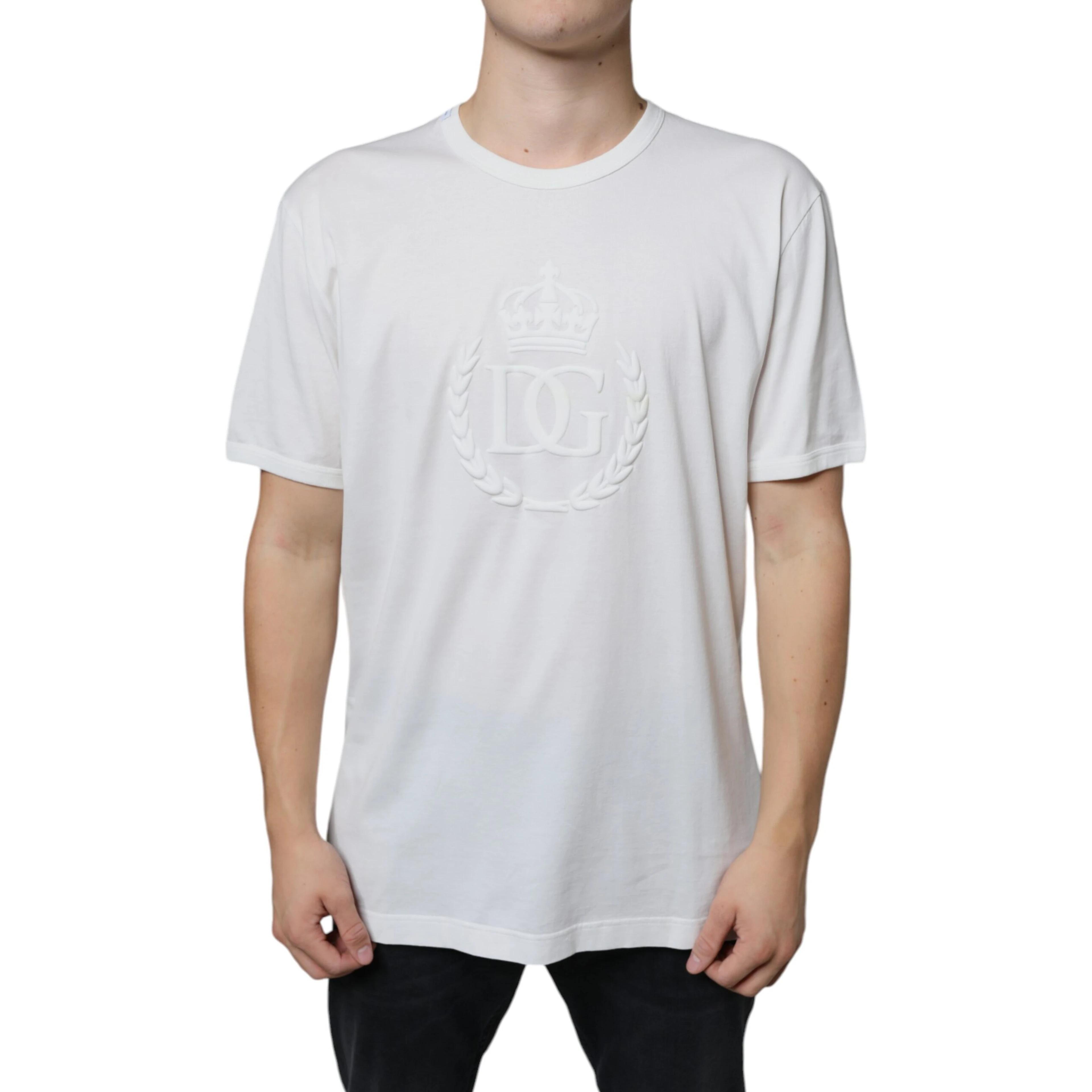 White Logo Embossed Cotton Crewneck T-shirt