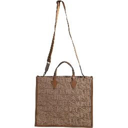 Brown Top Handle Jacquard Leather Logo Crossbody Tote Bag