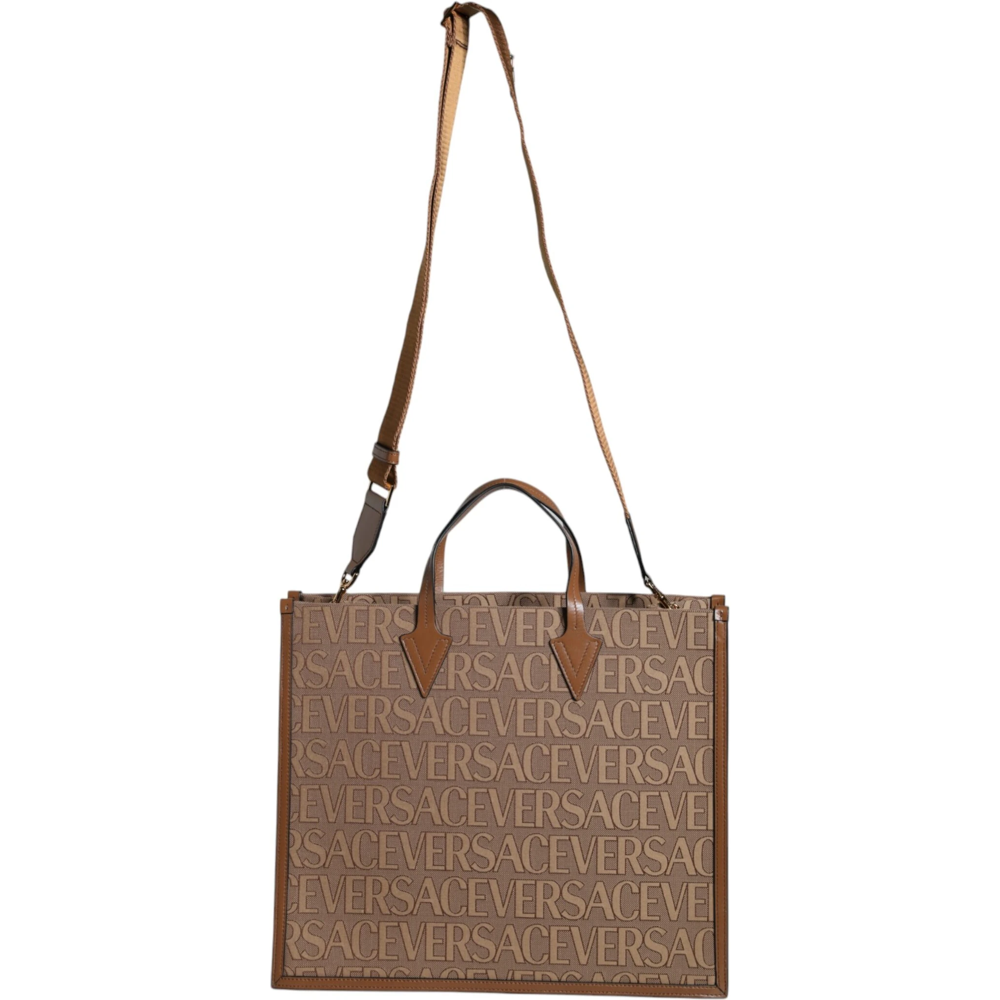 Brown Top Handle Jacquard Leather Logo Crossbody Tote Bag