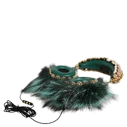 Green Gold Crystal Fur Headset Audio AUX Headphones