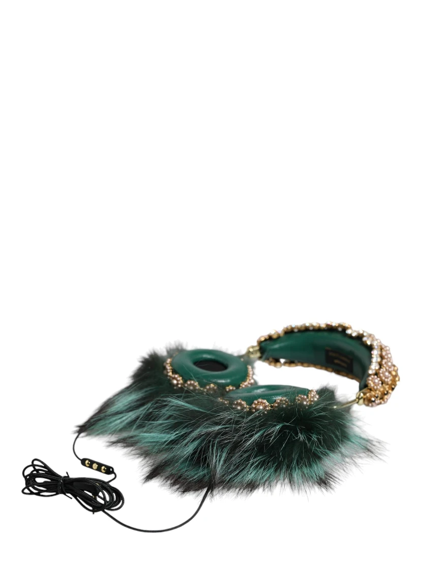 Green Gold Crystal Fur Headset Audio AUX Headphones