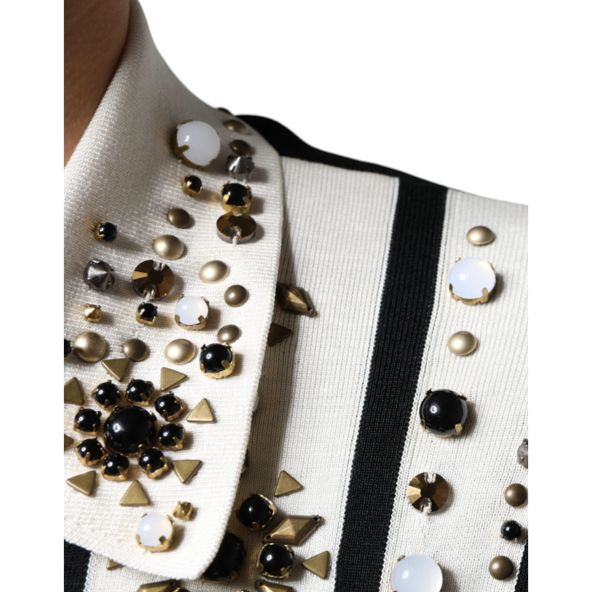 White Black Silk Studded Stone Crystal Shirt