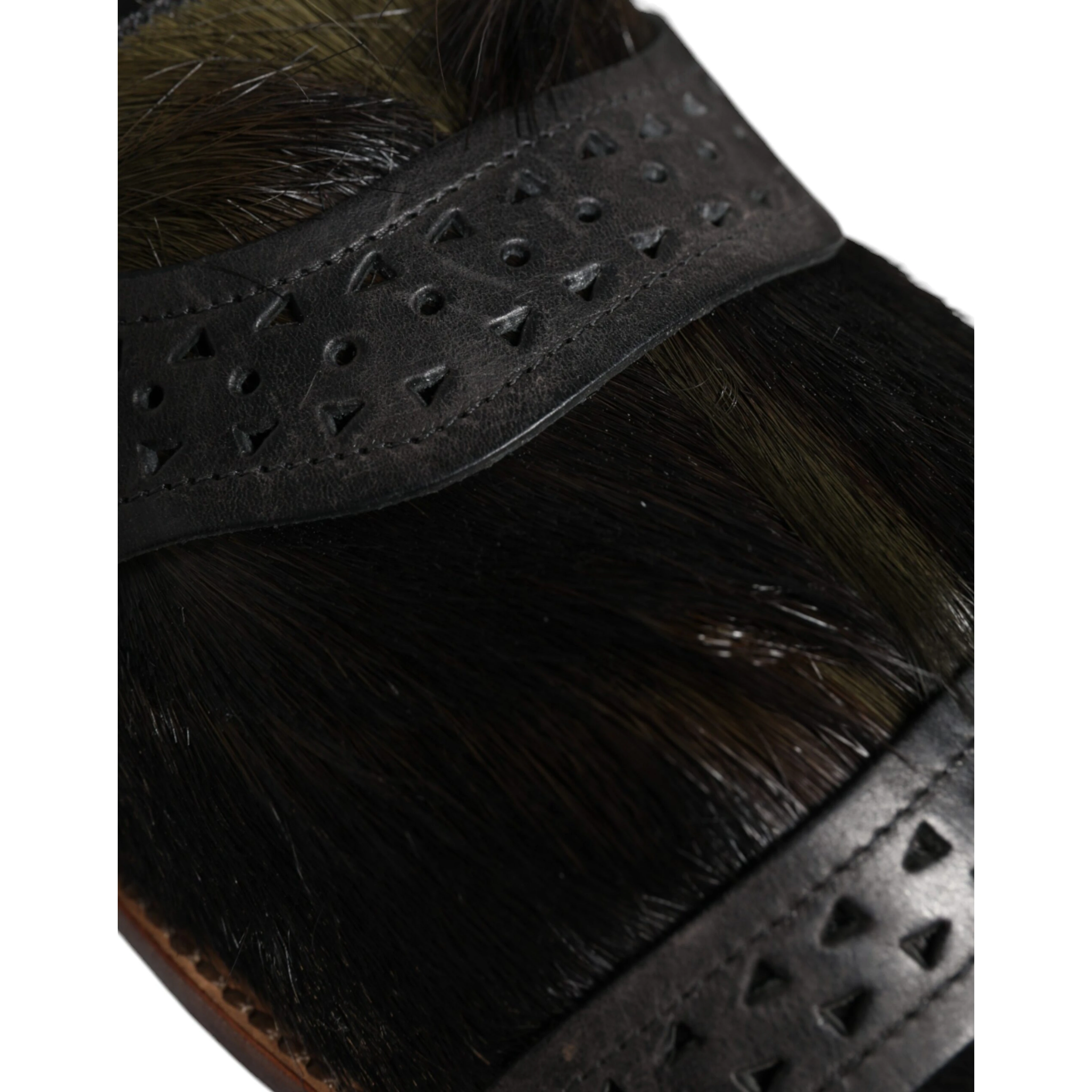 Black Gazelle Hair Leather Flats Sandals Shoes