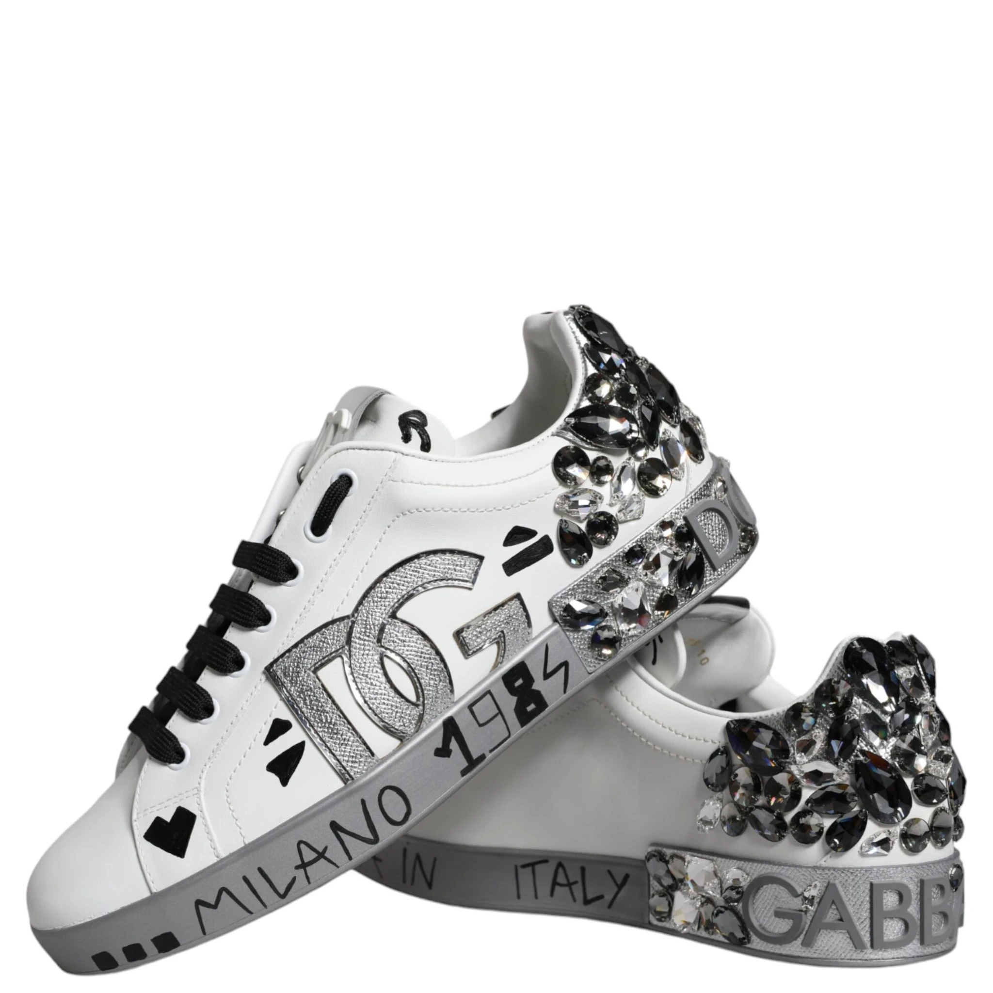 White Silver Crystal Logo Portofino Sneakers Shoes