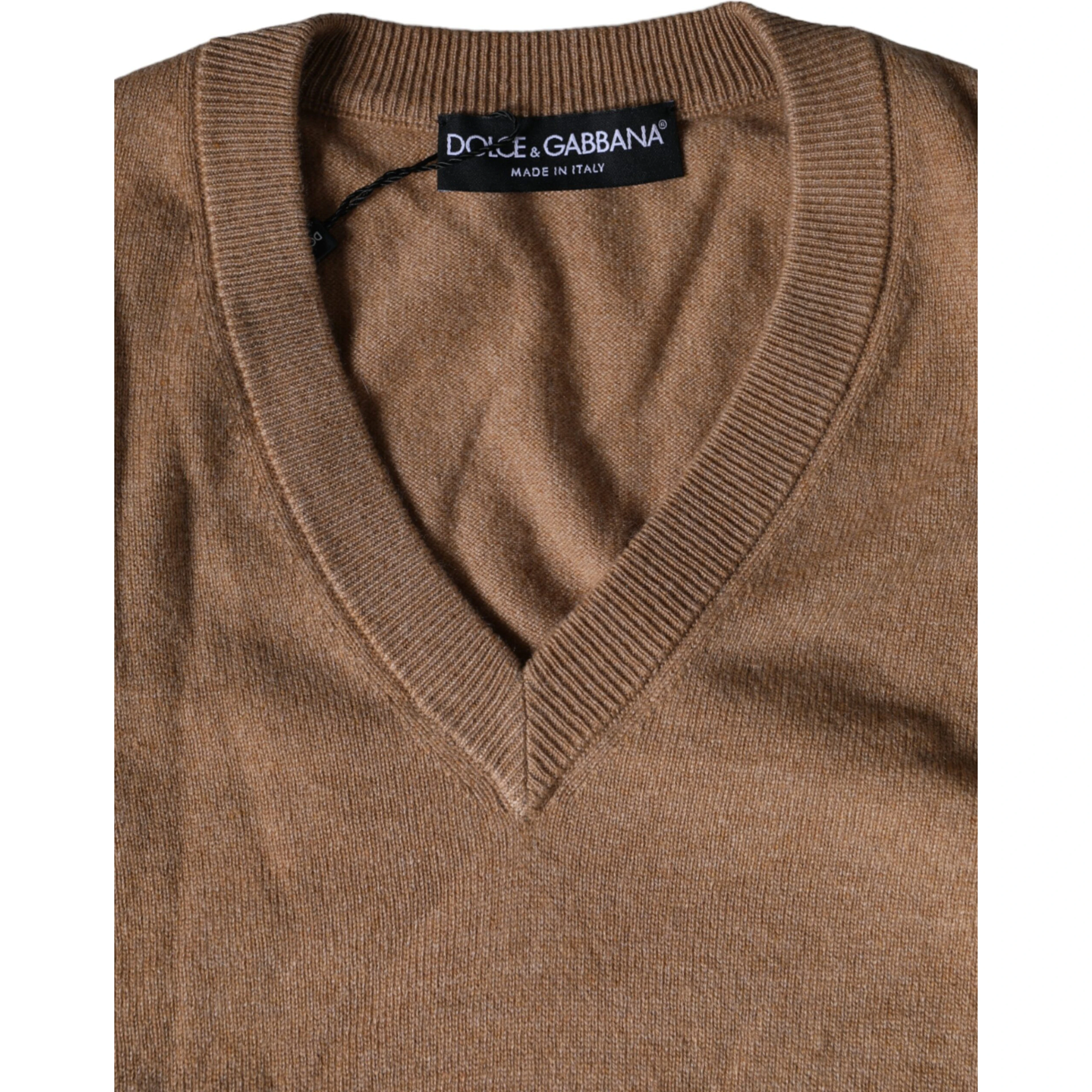 Brown Cashmere Knit V-neck Pullover Sweater