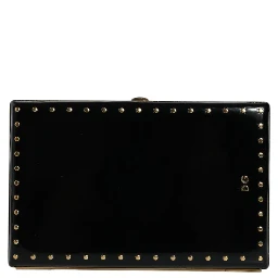 Black Leather Studs Gold Frame Clutch Evening Purse Bag