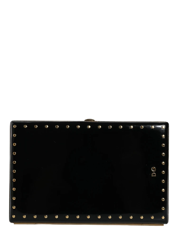 Black Leather Studs Gold Frame Clutch Evening Purse Bag