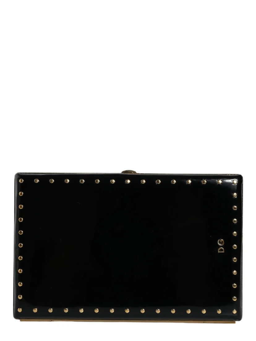 Black Leather Studs Gold Frame Clutch Evening Purse Bag