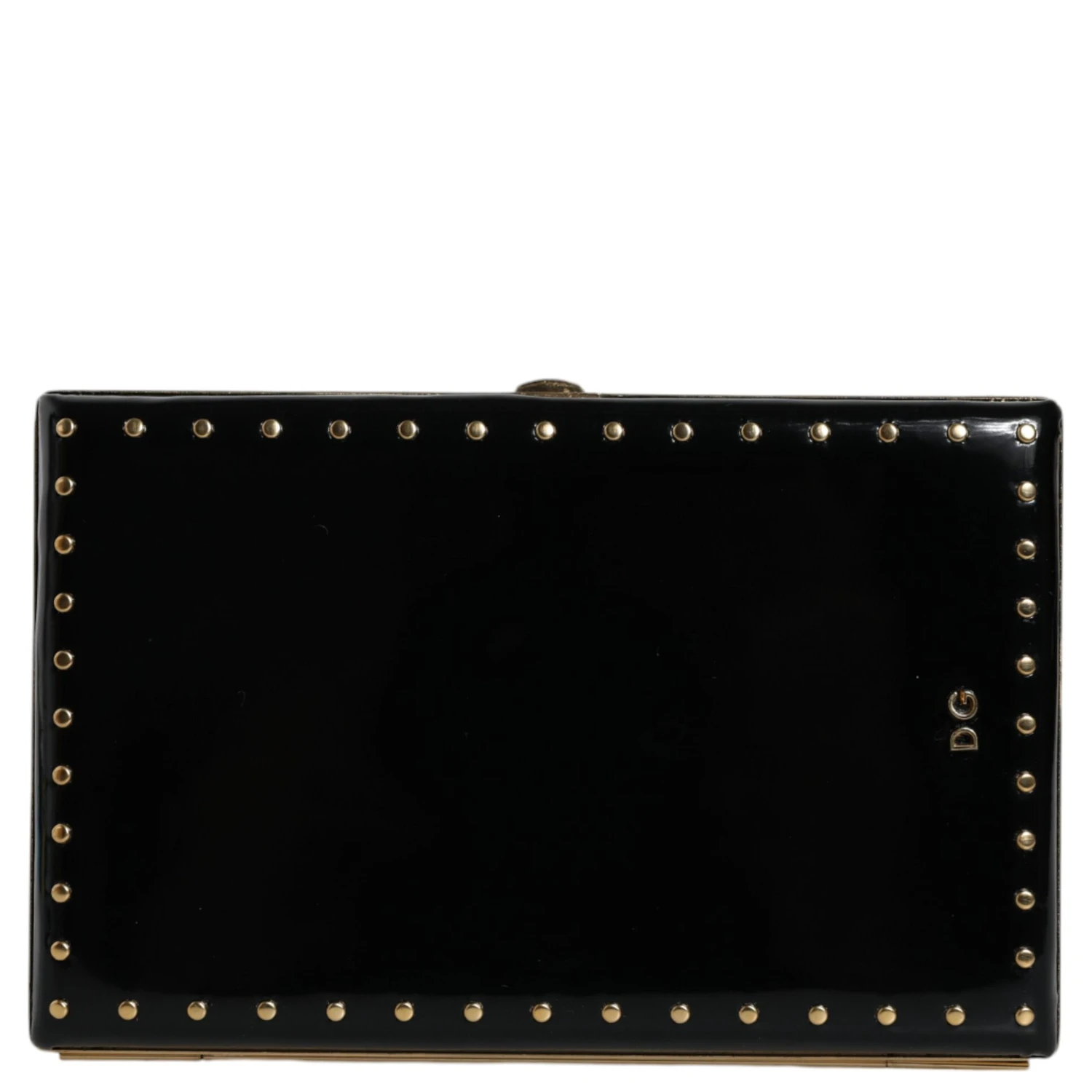 Black Leather Studs Gold Frame Clutch Evening Purse Bag