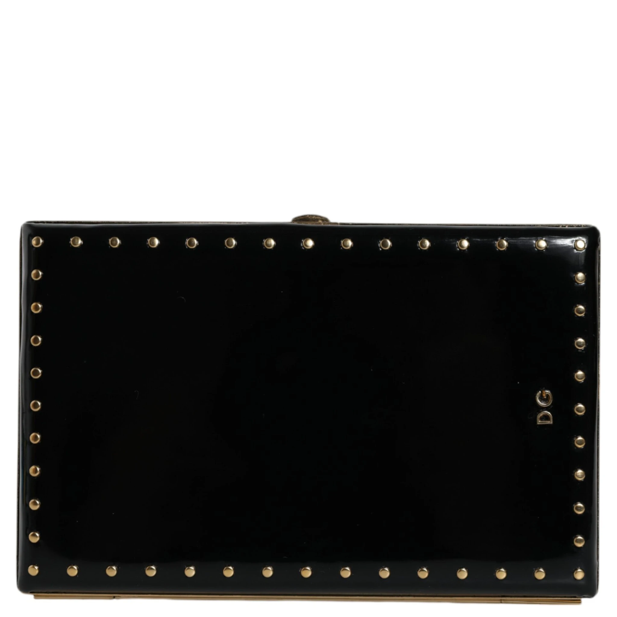 Black Leather Studs Gold Frame Clutch Evening Purse Bag