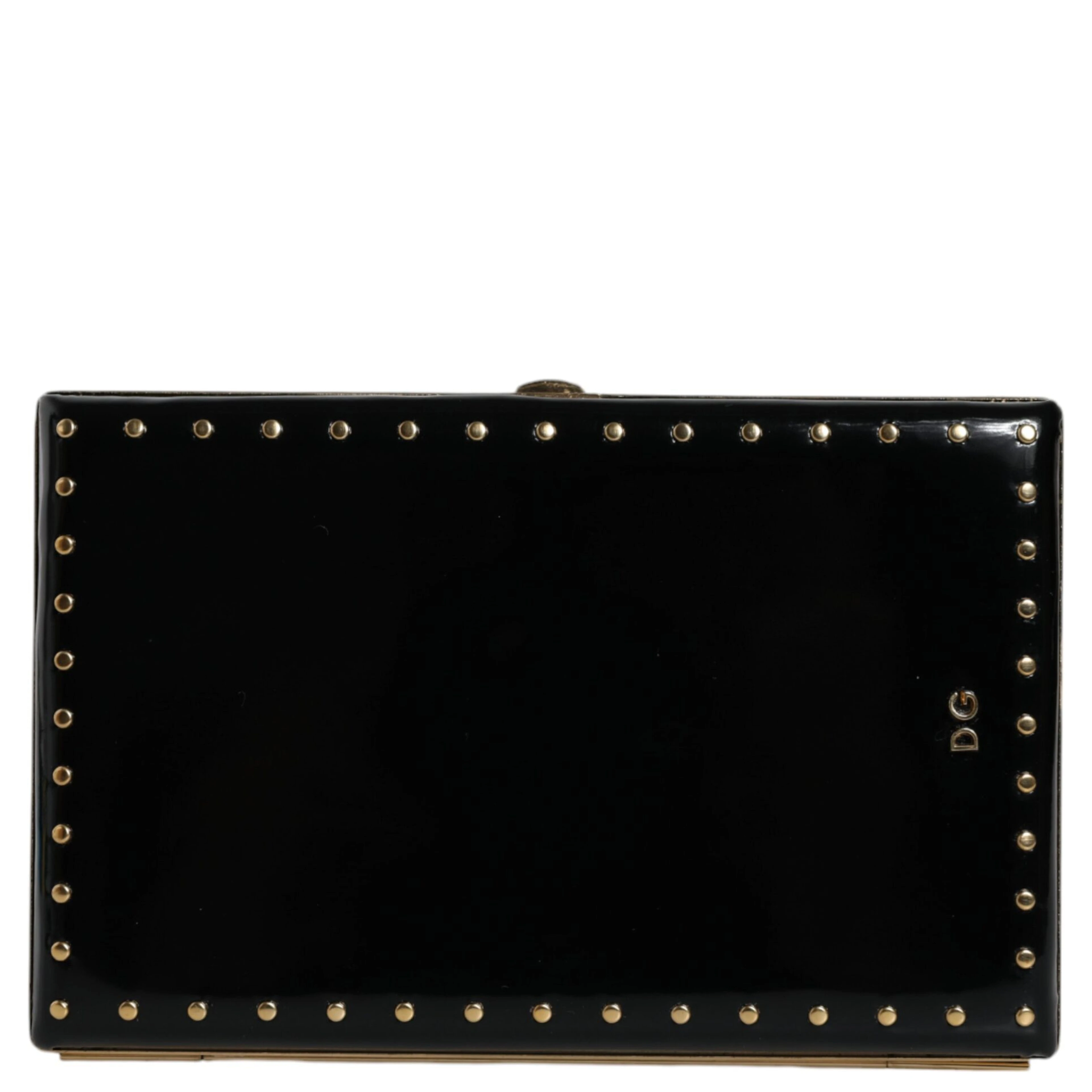 Black Leather Studs Gold Frame Clutch Evening Purse Bag