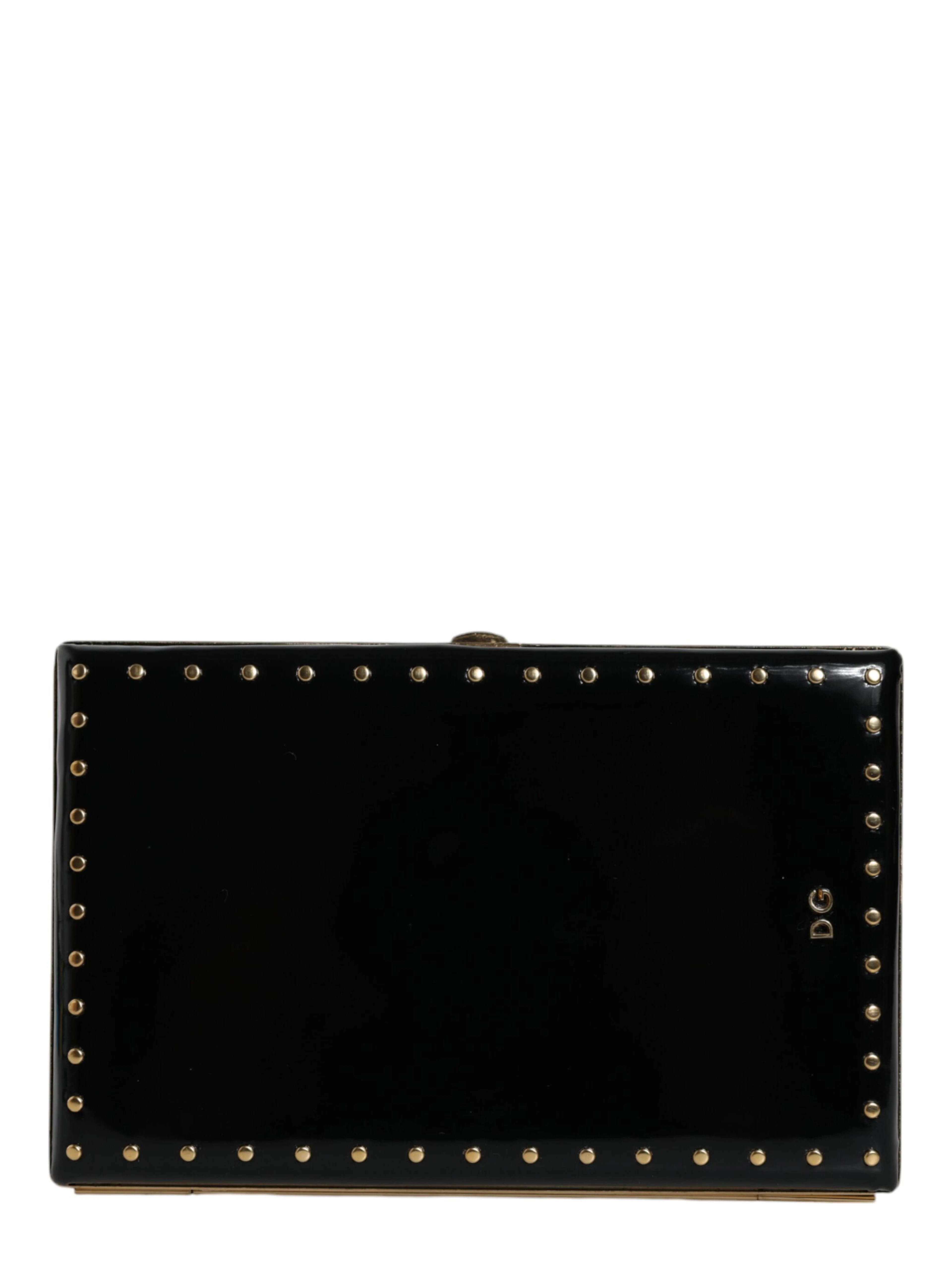 Black Leather Studs Gold Frame Clutch Evening Purse Bag