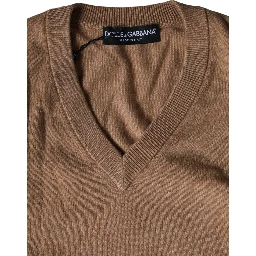 Brown Cashmere Knit V-neck Pullover Sweater