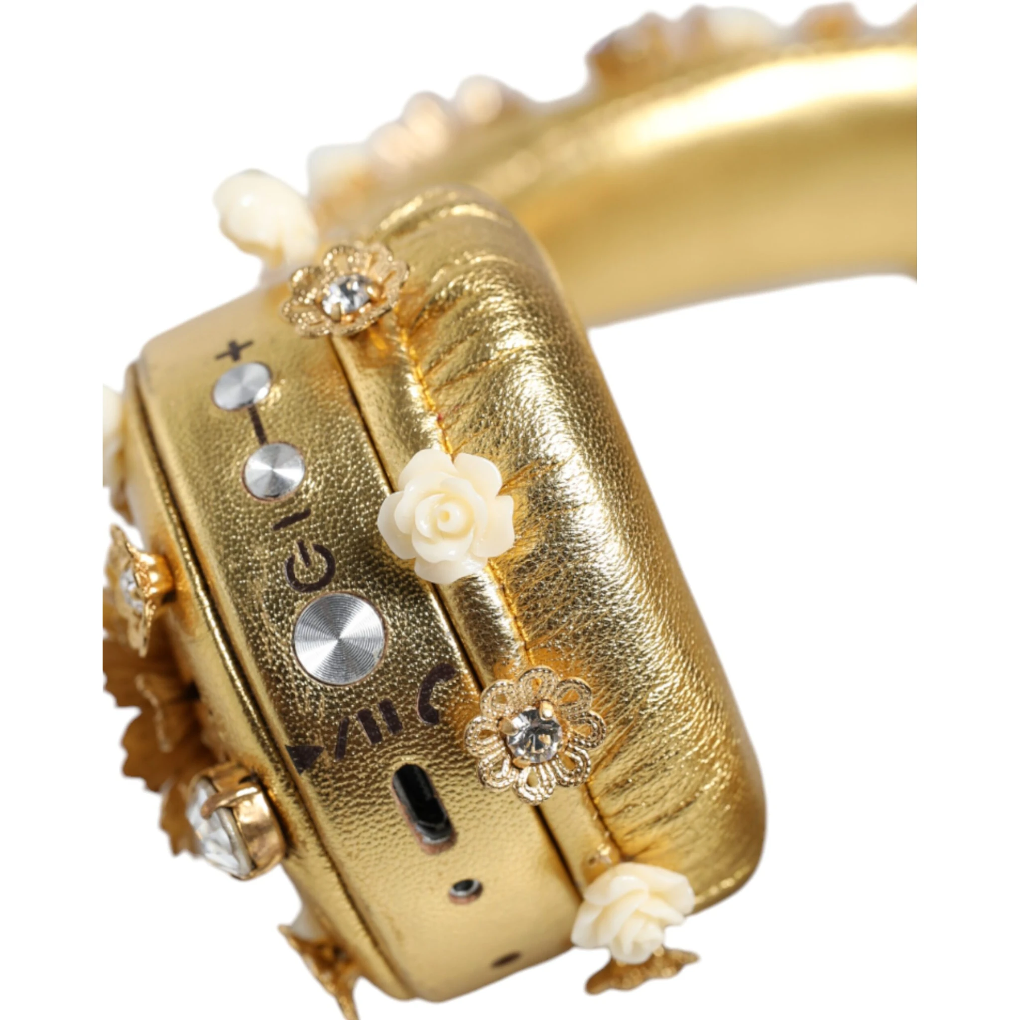 Gold Leather Floral Crystal Angel Headphones