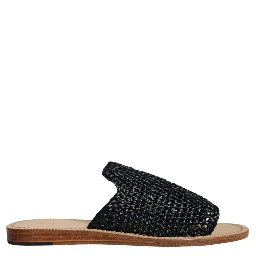 Black Monochrome Braided Raffia Slides Shoes