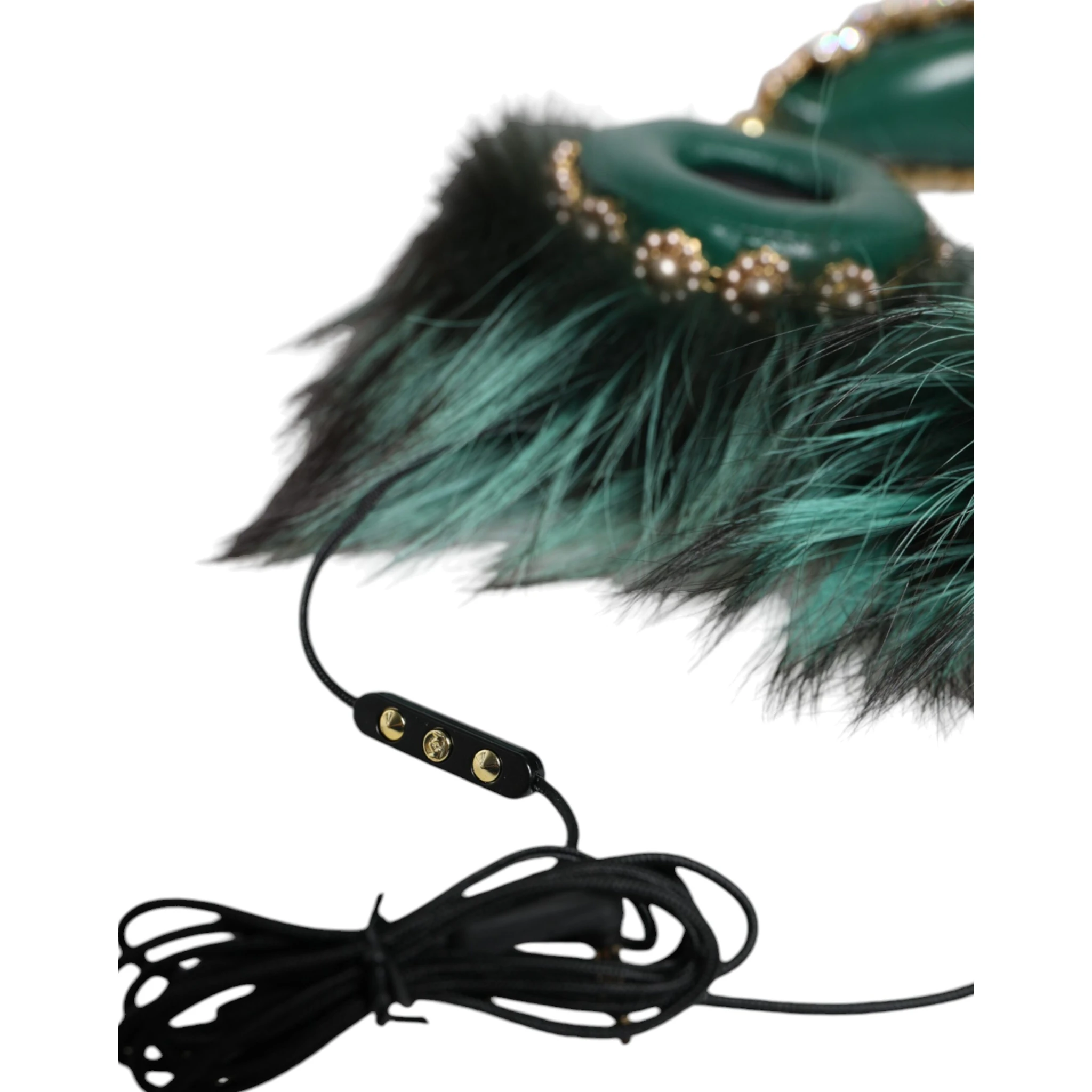 Green Gold Crystal Fur Headset Audio AUX Headphones