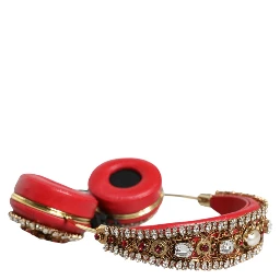 Red Nappa Leather Floral Crystal Headphone