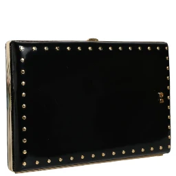 Black Leather Studs Gold Frame Clutch Evening Purse Bag
